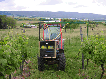 Traktor im Weinberg mit Ueberzeilengestaenge Traktor im Weinberg mit Ueberzeilengestaenge